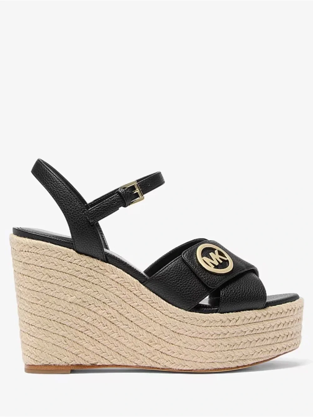 Michael Kors Black Leather Platform Espadrille Wedges with MK Medallion